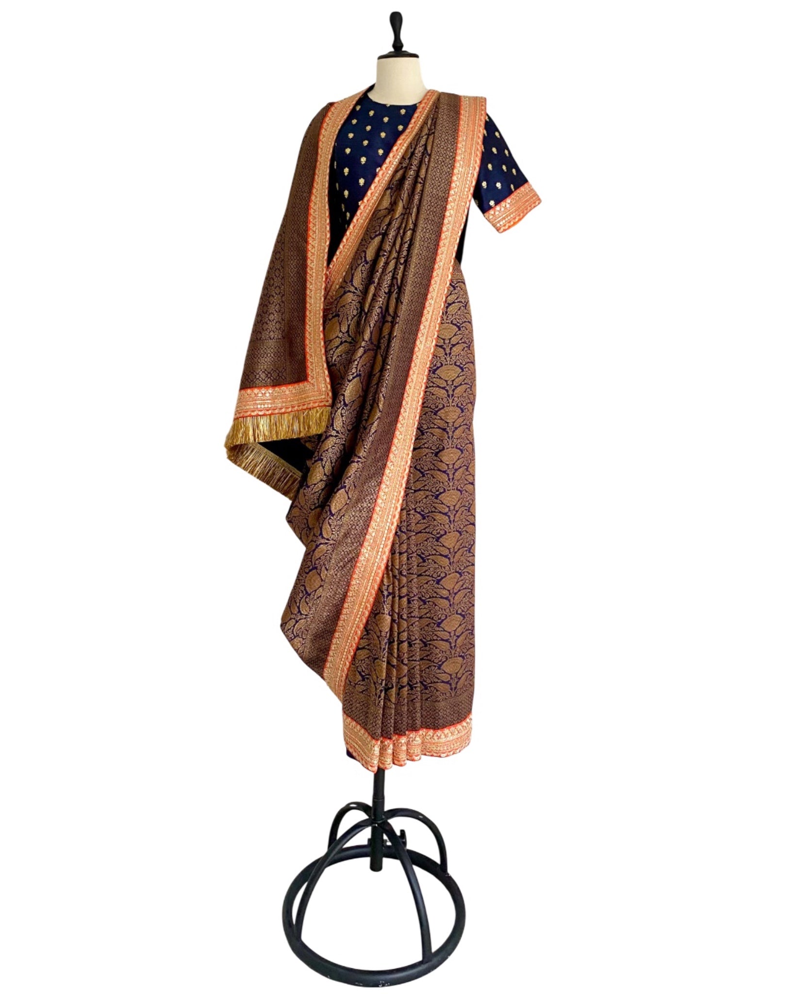 Saree Banarasi - Navy Blue / Orange