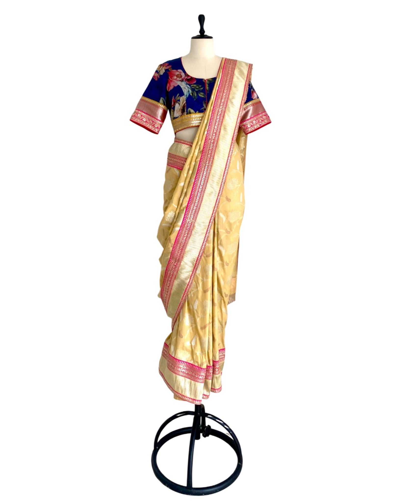 Saree Banarasi Floral - Lemon / Blue / Fuchsia