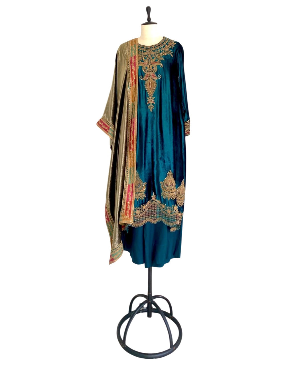 Kurta Set Velvet - Aquamarine Blue Green / Moss Olive /Gold