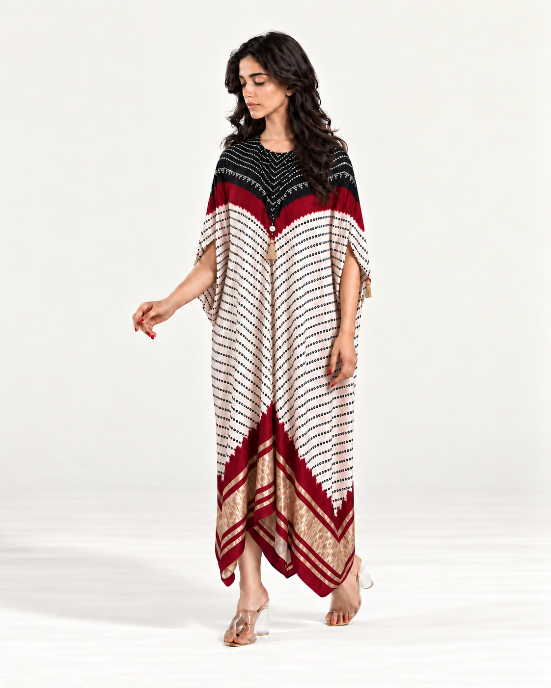 Kaftan Bandhej - Black / Burgundy / Ivory Base