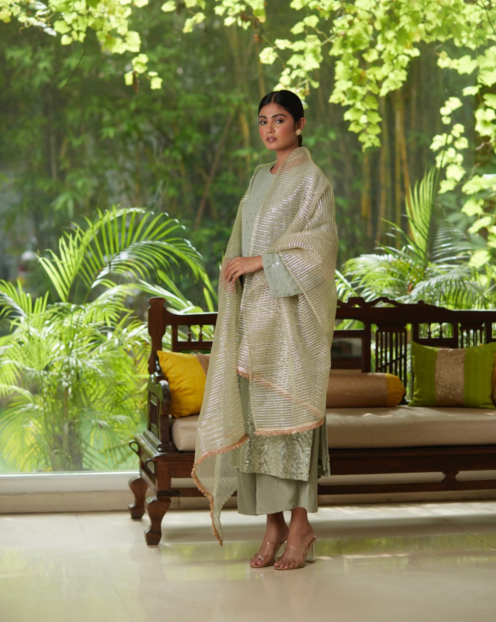 Mayura Kumar sequin stardust kurta set in mint, gold and silver, fabric detail