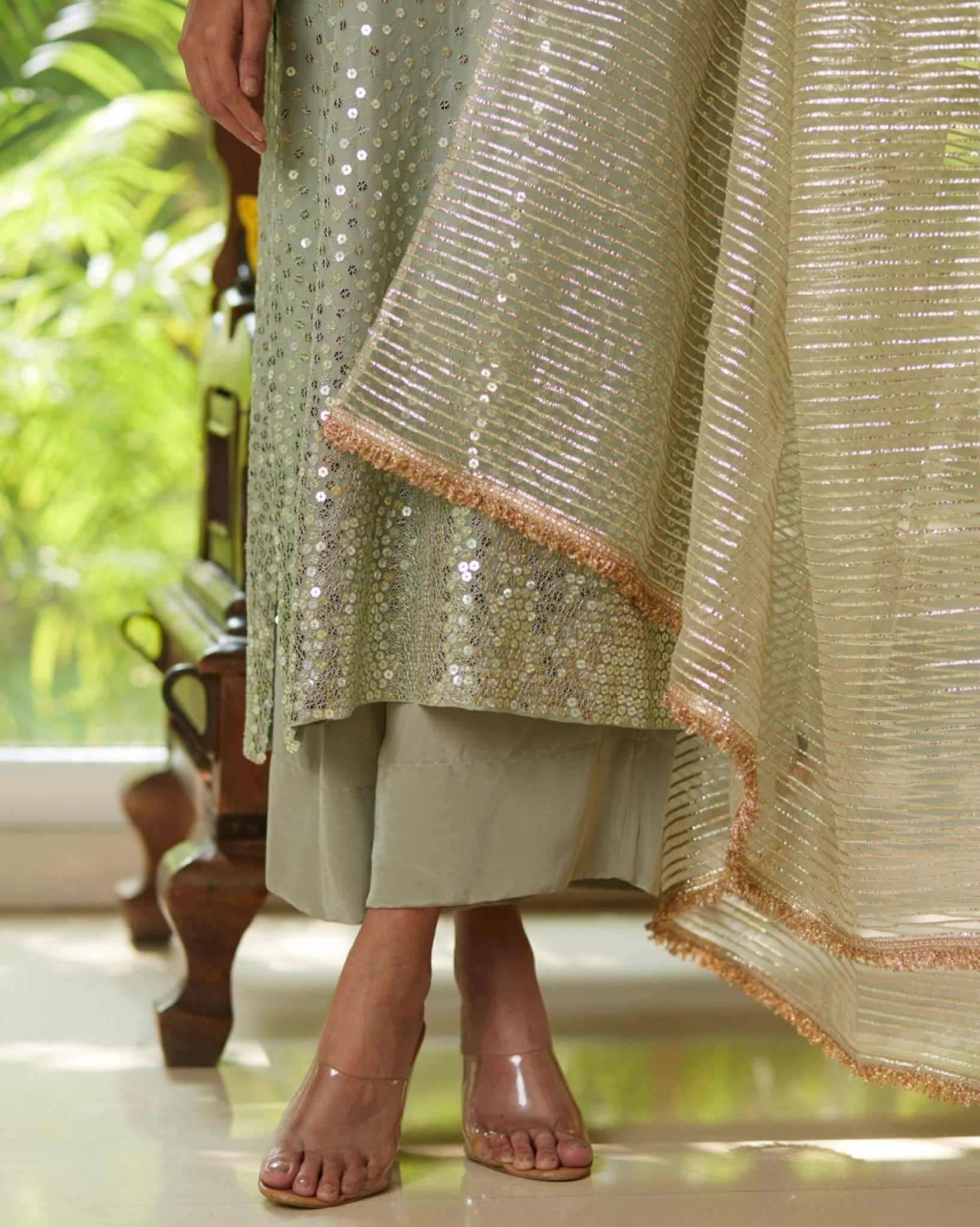 Mayura Kumar sequin stardust kurta set in mint, gold and silver, back view