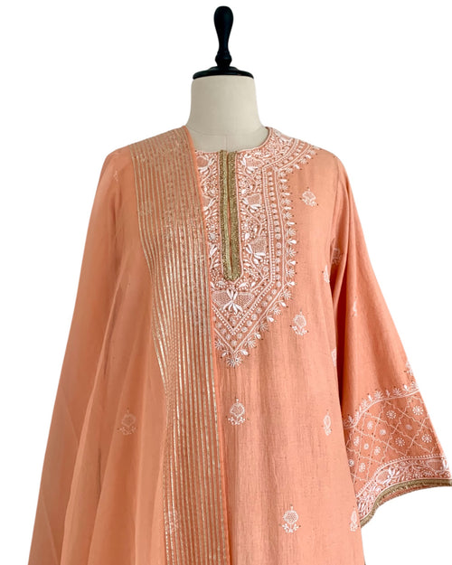 Kurta Set Chikankari - Peach Orange/ Gold / Silver
