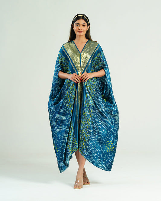 Kaftan Bandhej - Teal Blue / Gold