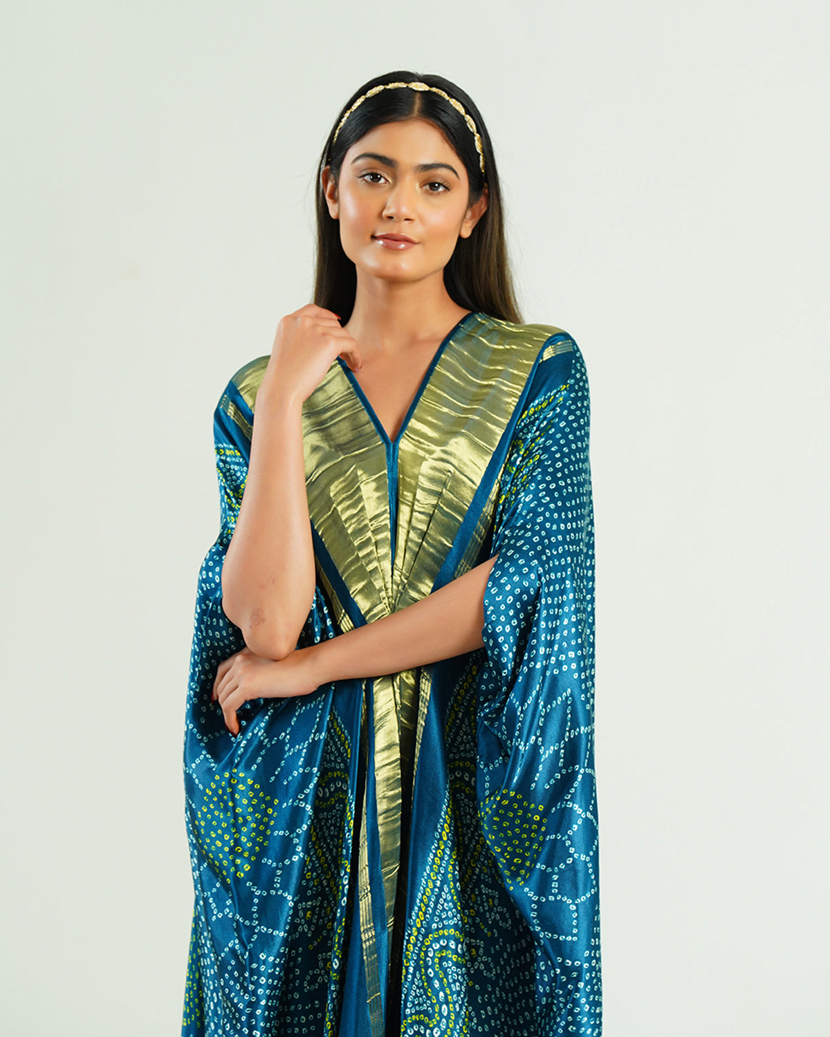 Kaftan Bandhej - Teal Blue / Gold
