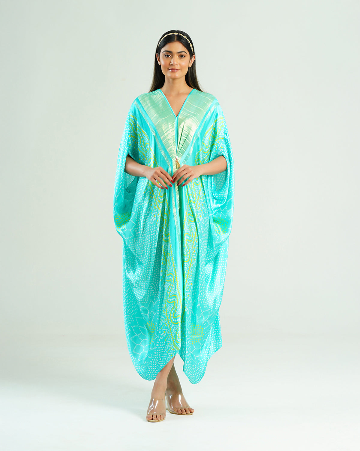 Kaftan Bandhej - Aquamarine / Gold