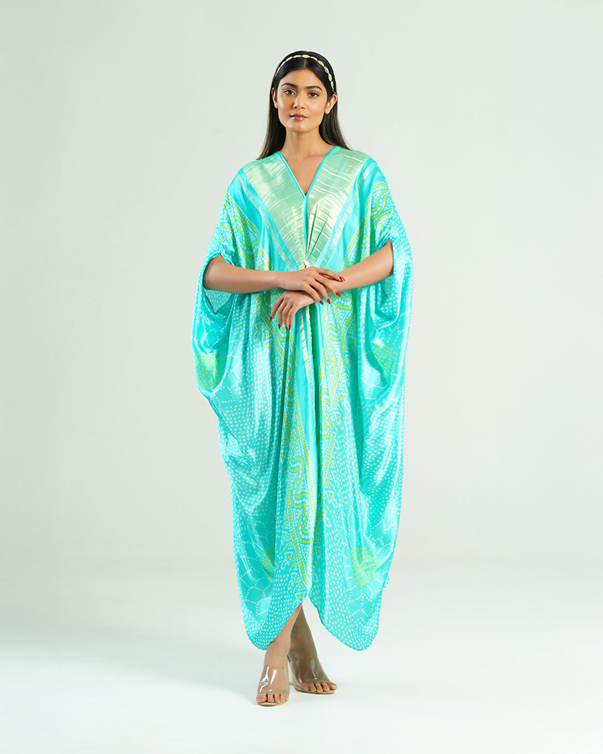 Kaftan Bandhej - Aquamarine / Gold