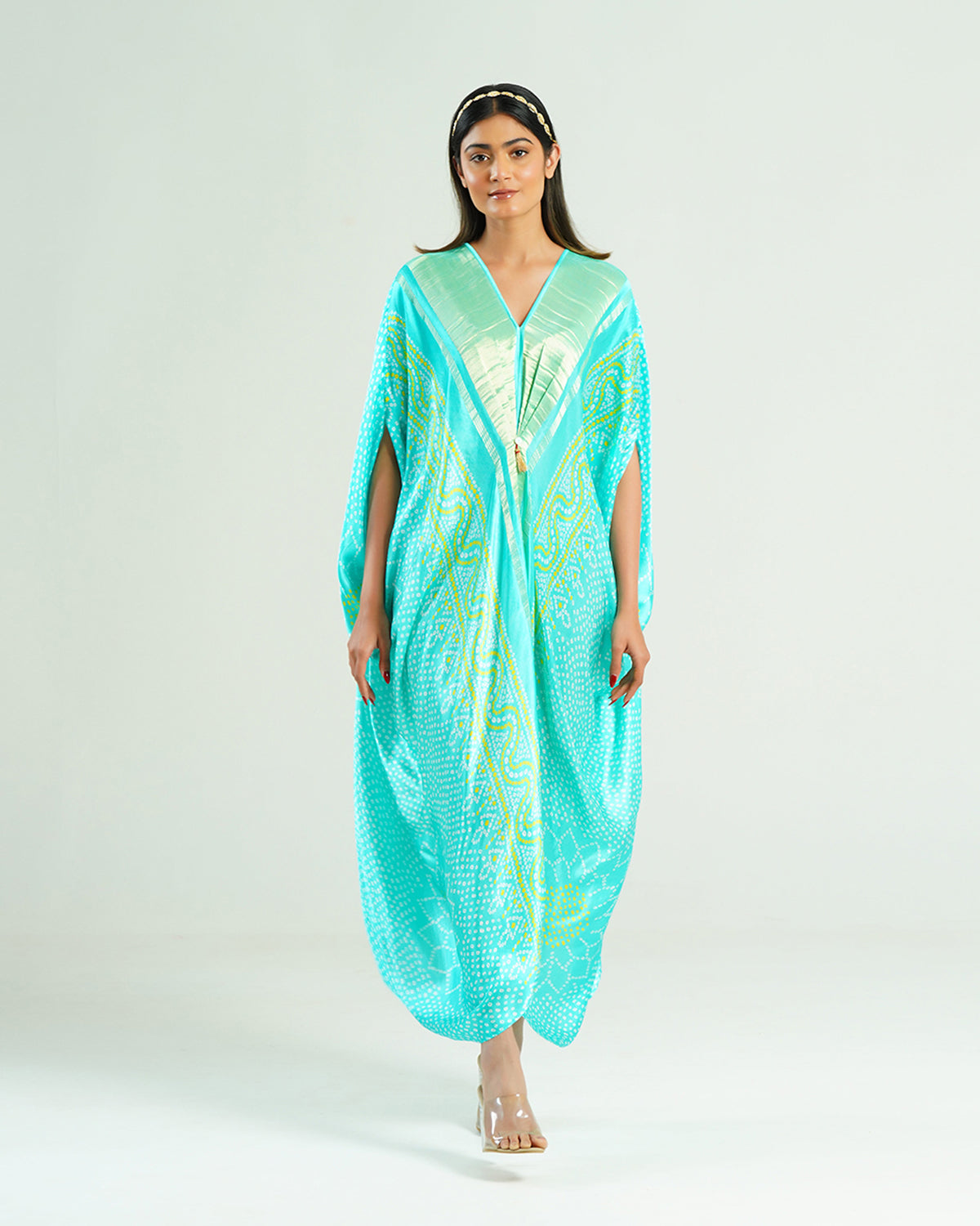 Kaftan Bandhej - Aquamarine / Gold