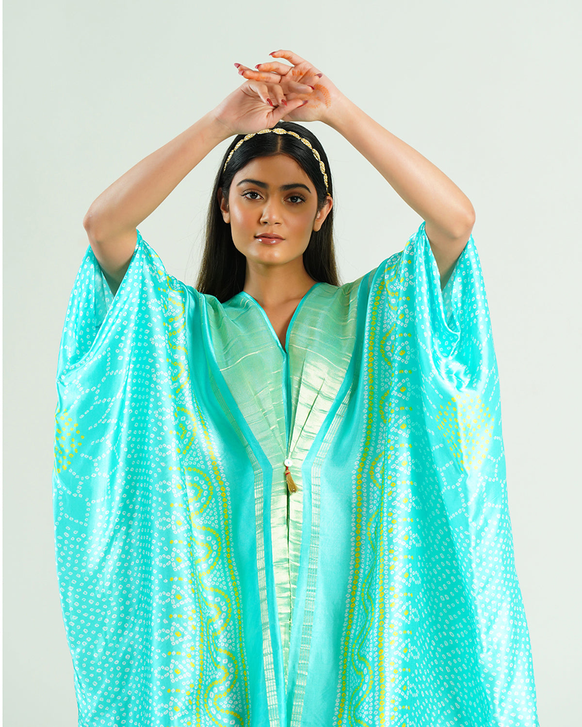 Kaftan Bandhej - Aquamarine / Gold