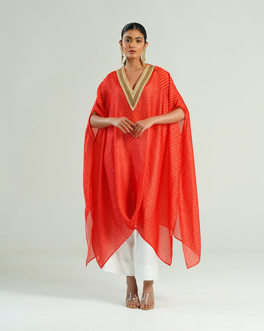 Kurta Set Bandhej - Red /Ivory / Gold