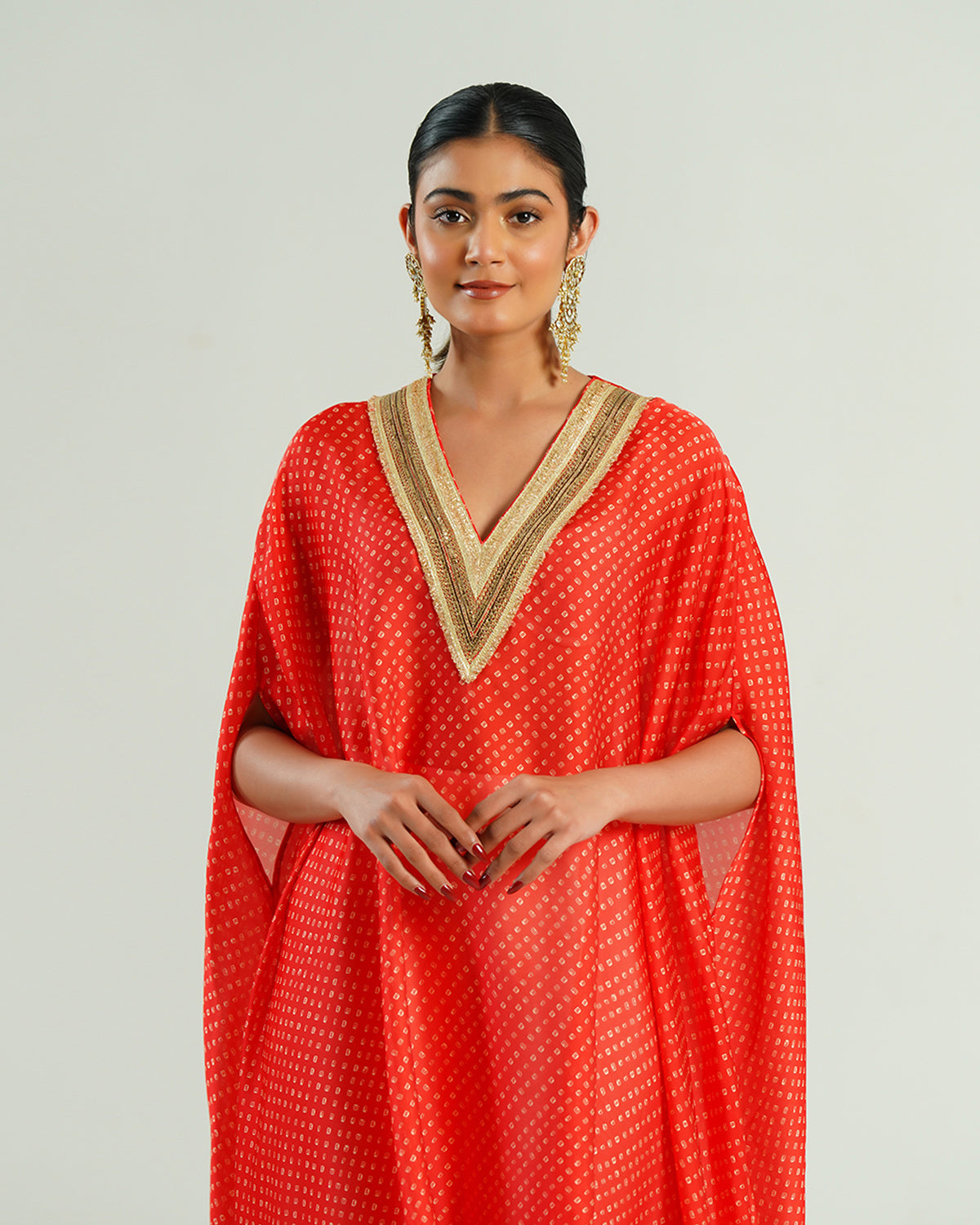 Kurta Set Bandhej - Red /Ivory / Gold