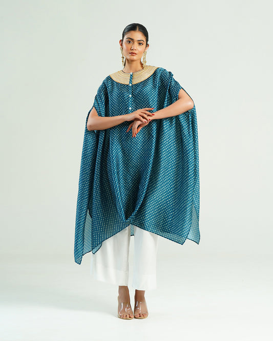 Kurta Set Bandhej - Navy Blue / Ivory / Gold