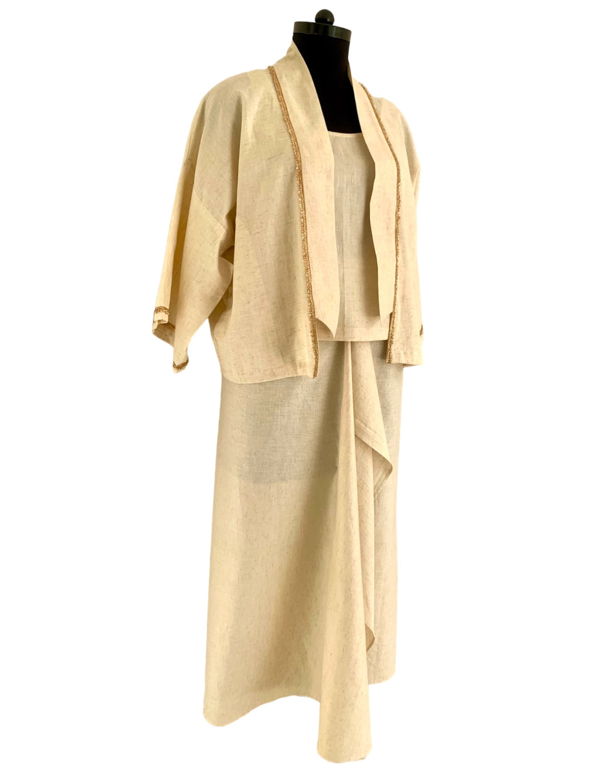 Draped Skirt Camisole Jacket Set Khadi - Ivory / Gold - Mayura Kumar - side view