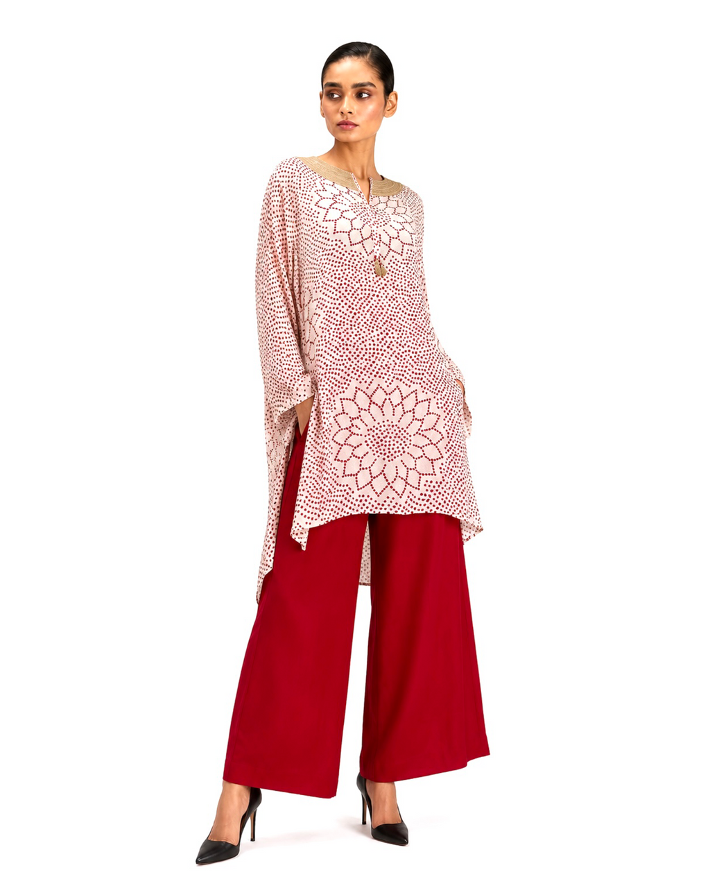 Kurta Set Bandhej - Ivory / Burgundy Red / Gold