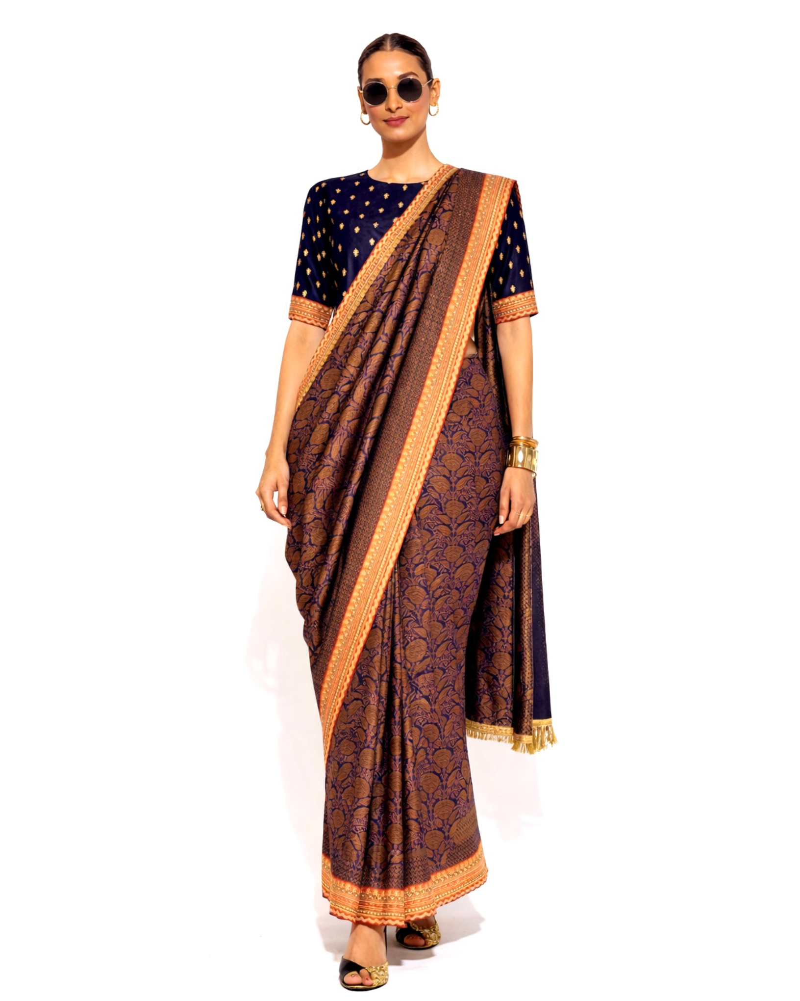 Saree Banarasi - Navy Blue / Orange