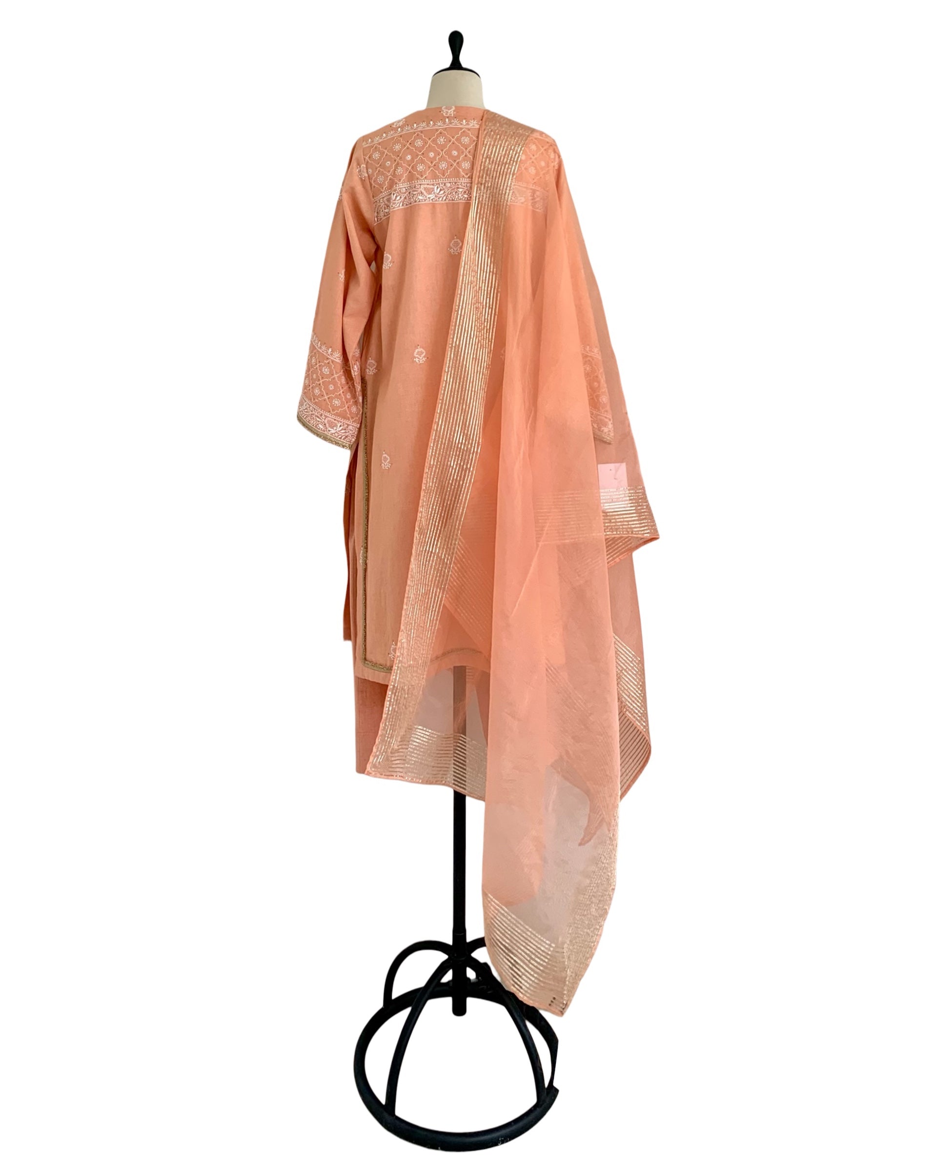 Kurta Set Chikankari - Peach Orange/ Gold / Silver