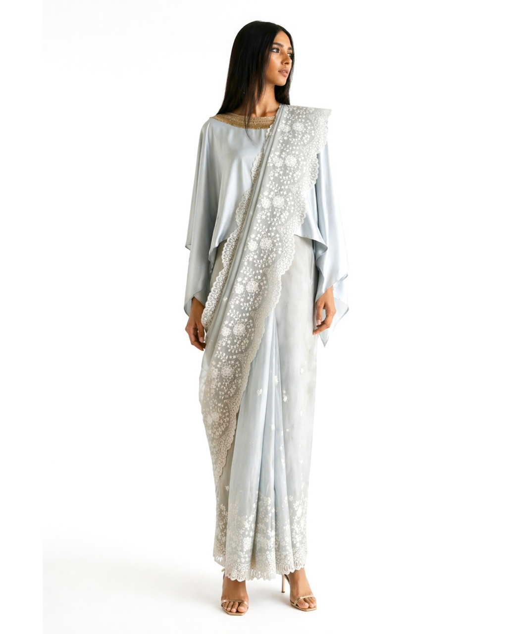 Saree Chikankari - Powder Blue Grey /Ivory /Gold