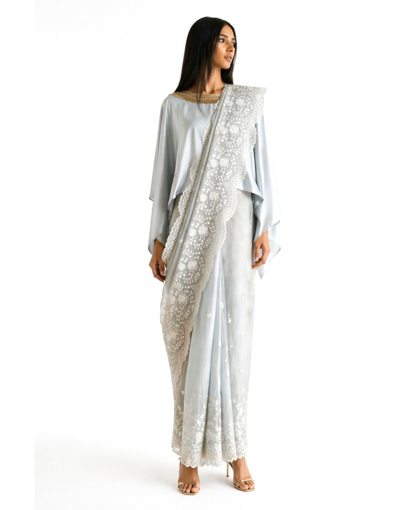 Saree Chikankari - Powder Blue Grey /Ivory /Gold