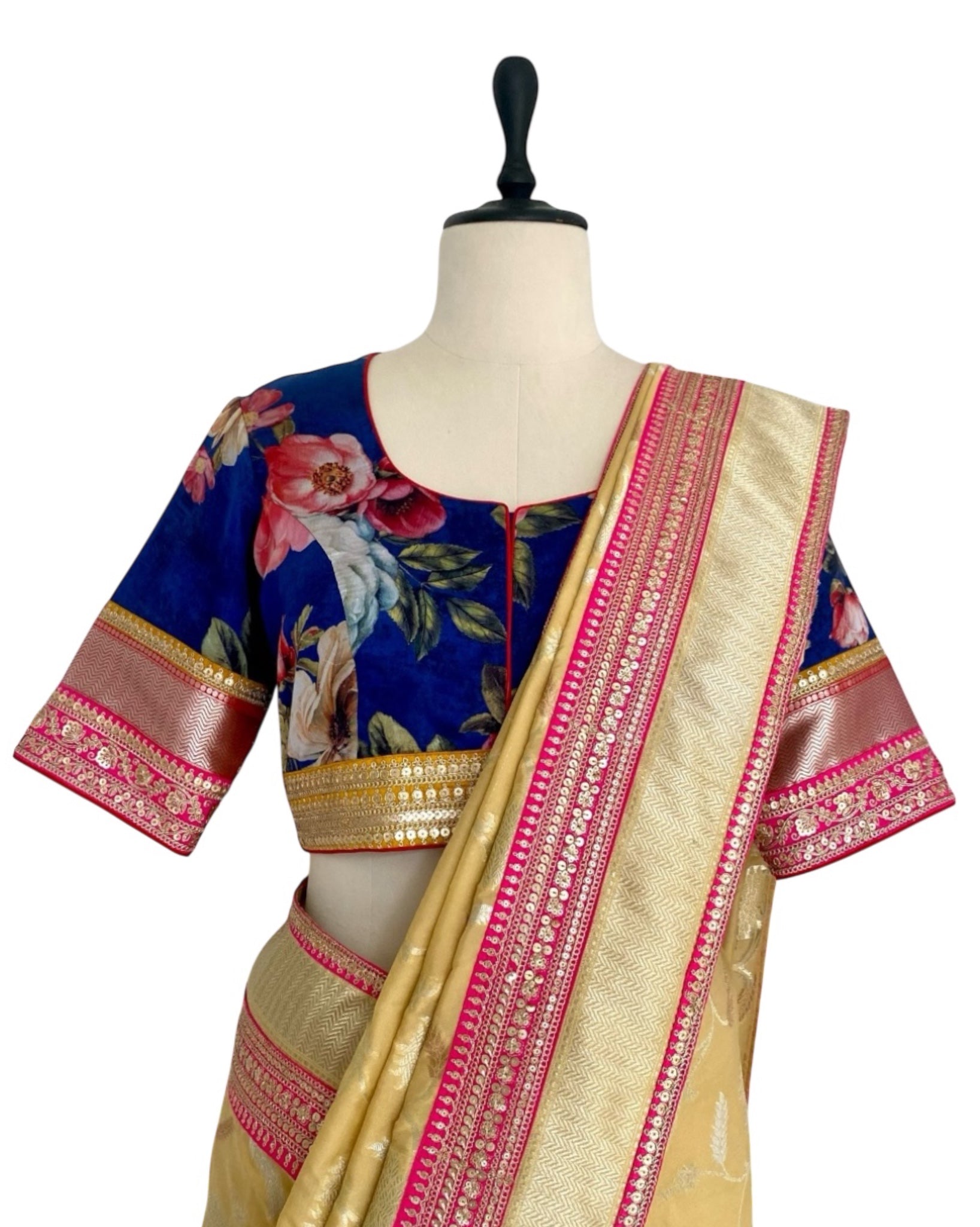 Saree Banarasi Floral - Lemon / Blue / Fuchsia