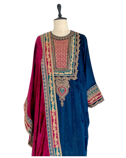 Kurta Set Velvet - Midnight Blue / Burgundy / Gold