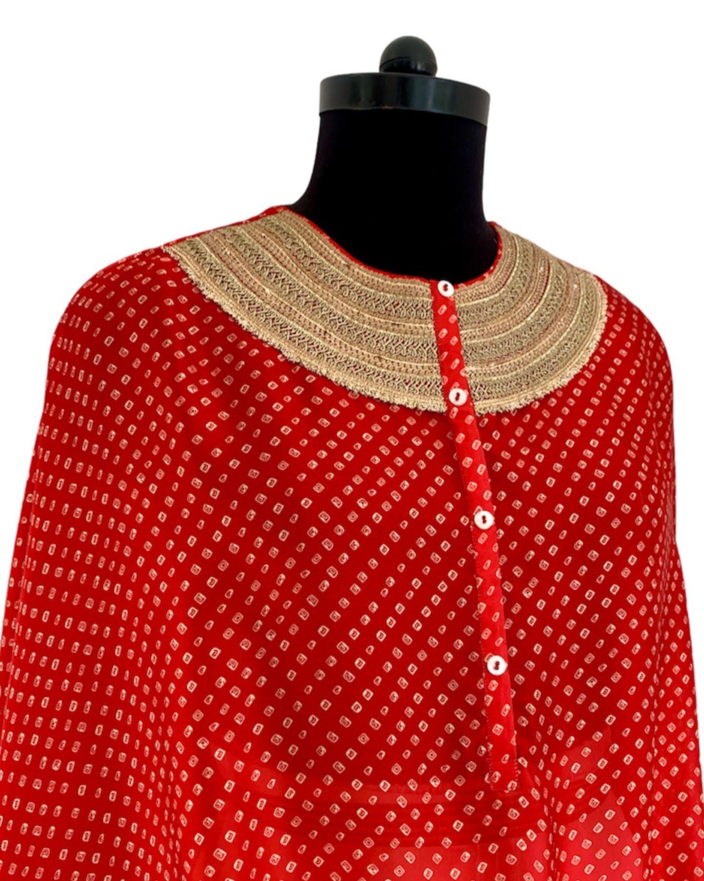 Kurta Set Bandhej - Red /Ivory / Gold