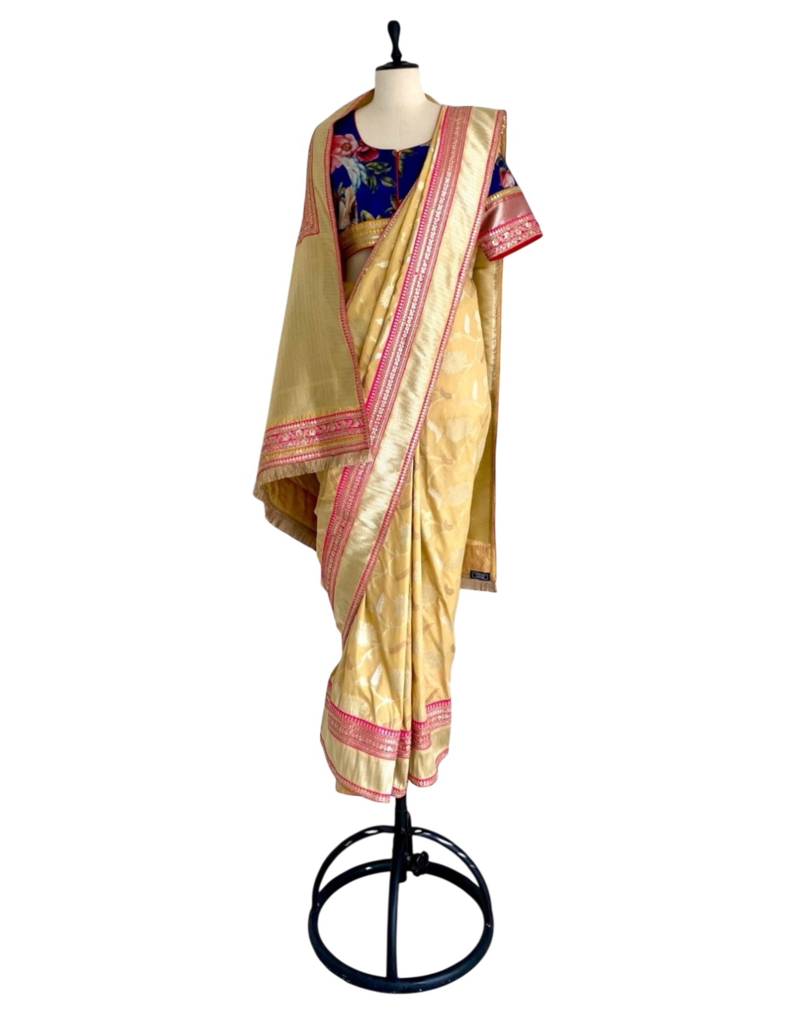Saree Banarasi Floral - Lemon / Blue / Fuchsia