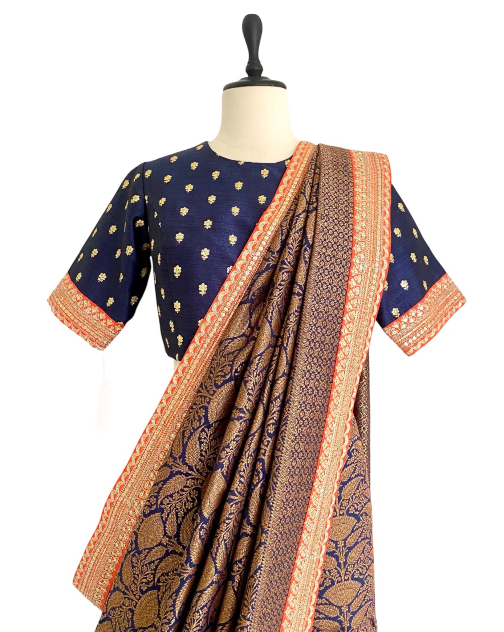 Saree Banarasi - Navy Blue / Orange