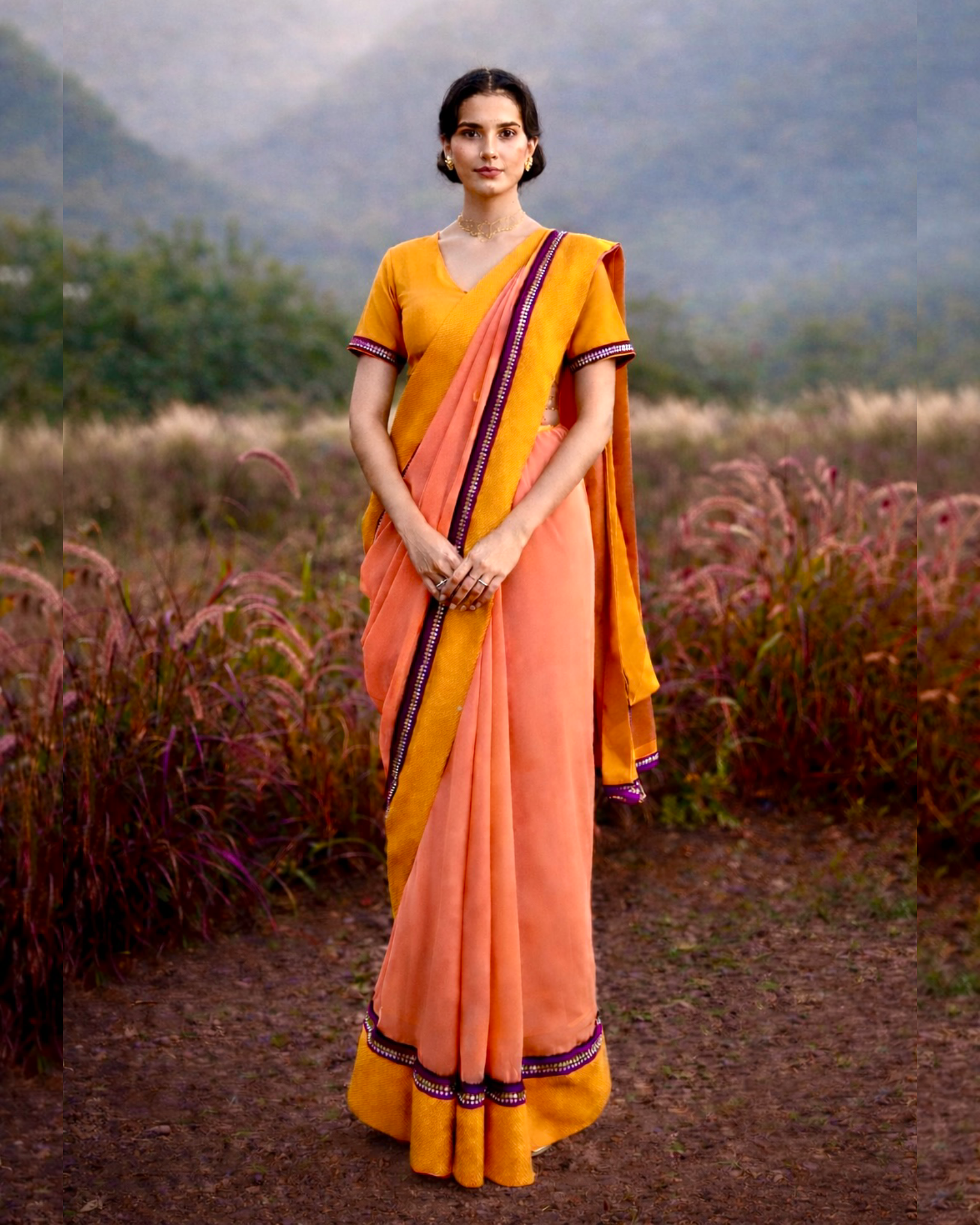 Saree Kalamkari - Peach / Purple / Mustard