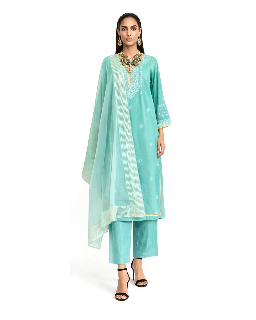 Kurta Set Chikankari - Aquamarine Green/ Gold / Silver