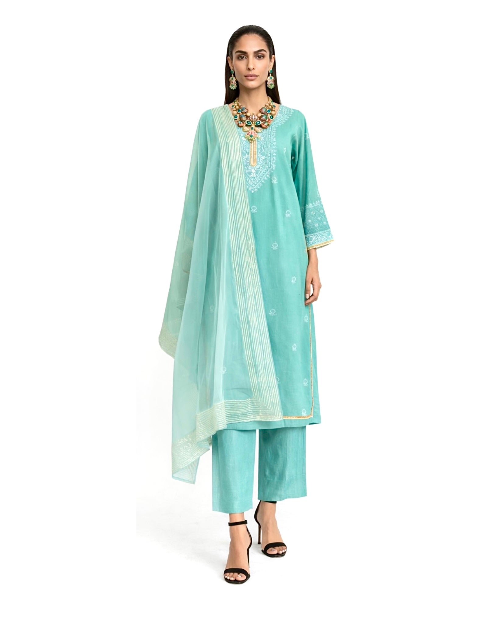 Kurta Set Chikankari - Aquamarine Green/ Gold / Silver