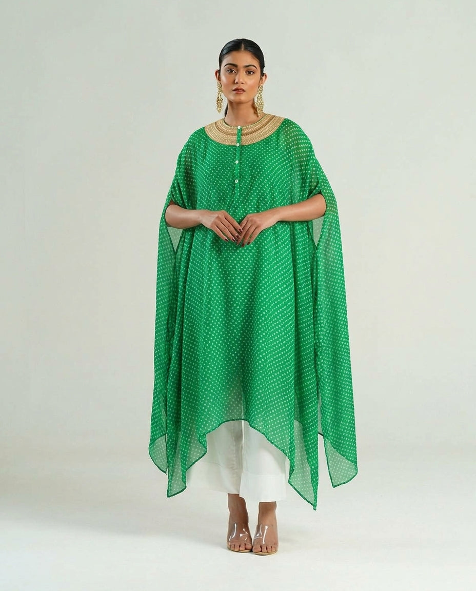 Kurta Set Bandhej - Parrot Green / Ivory / Gold