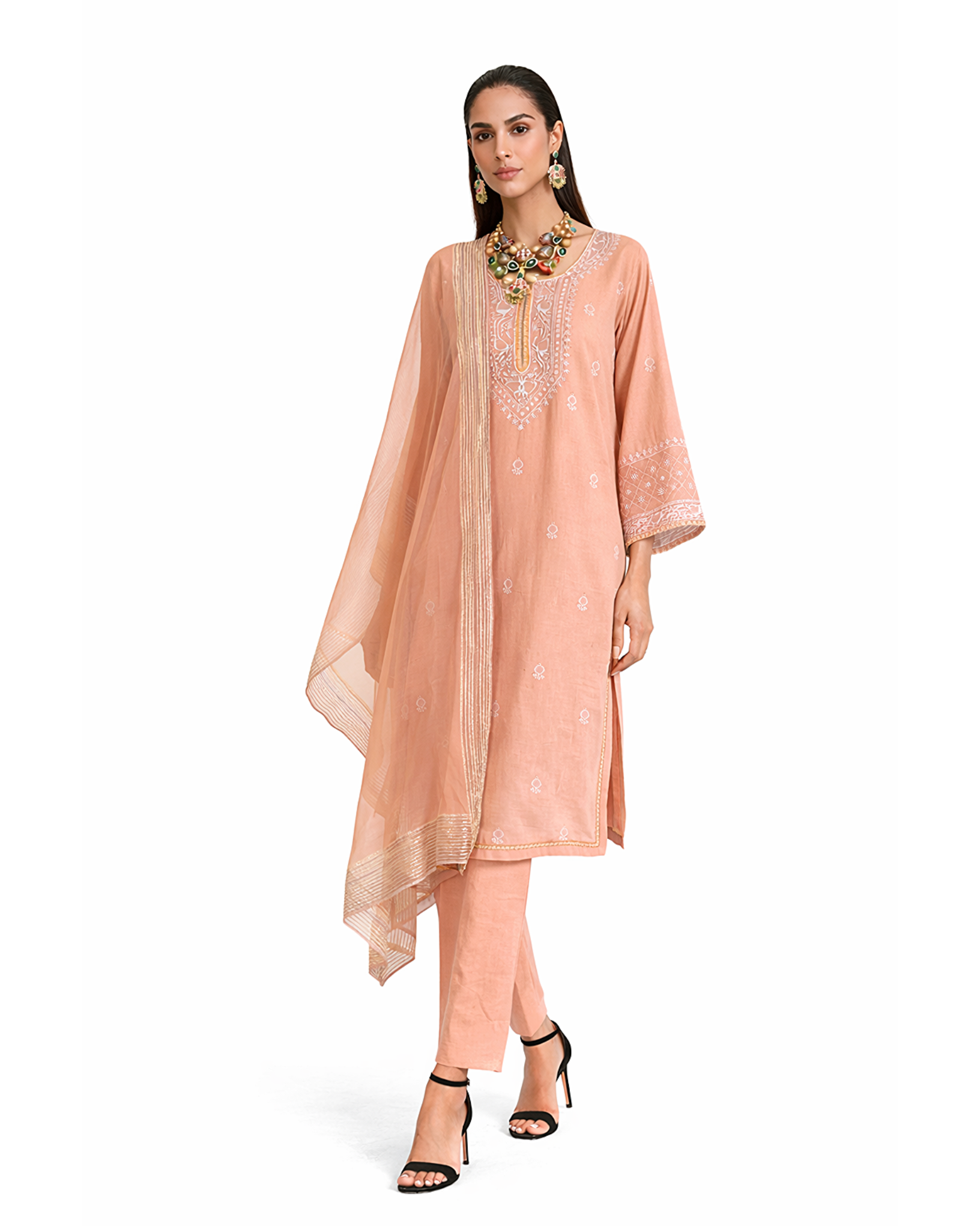 Kurta Set Chikankari - Peach Orange/ Gold / Silver
