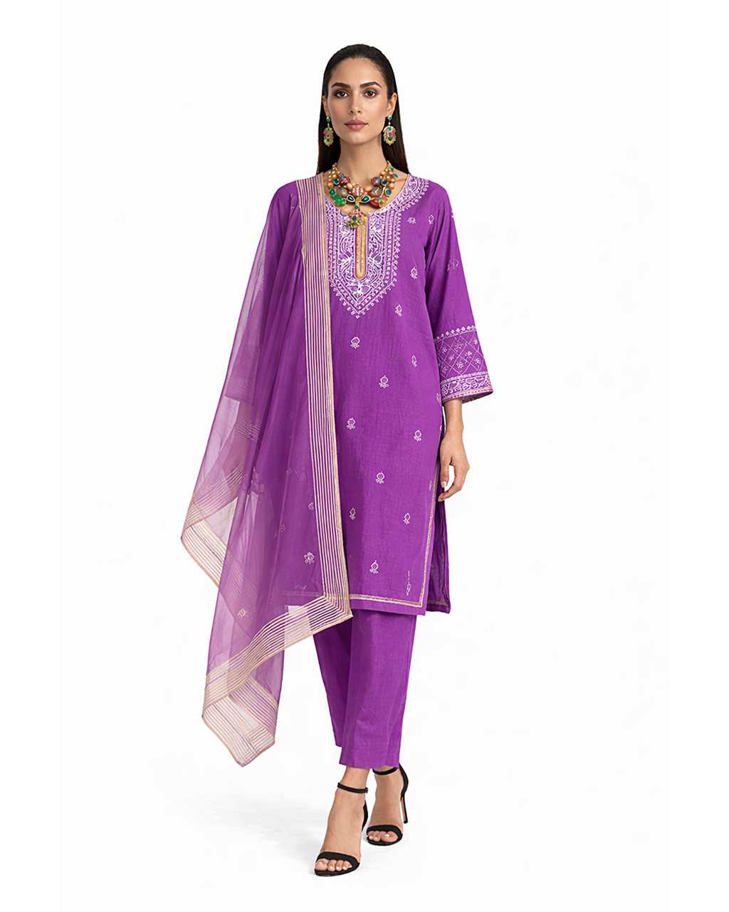 Kurta Set Chikankari - Purple/ Gold / Silver