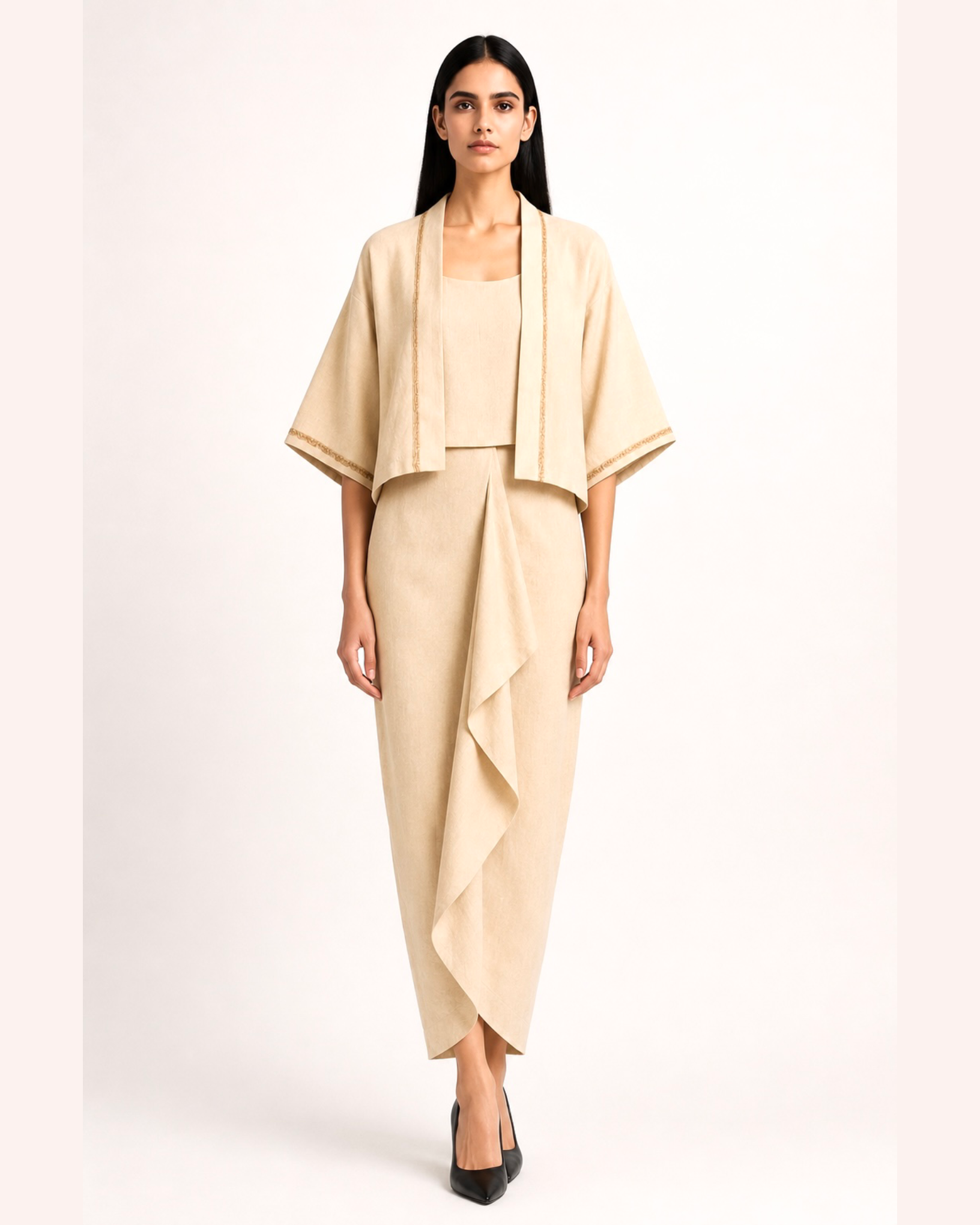 Draped Skirt Camisole Jacket Set Khadi -  Ivory / Gold