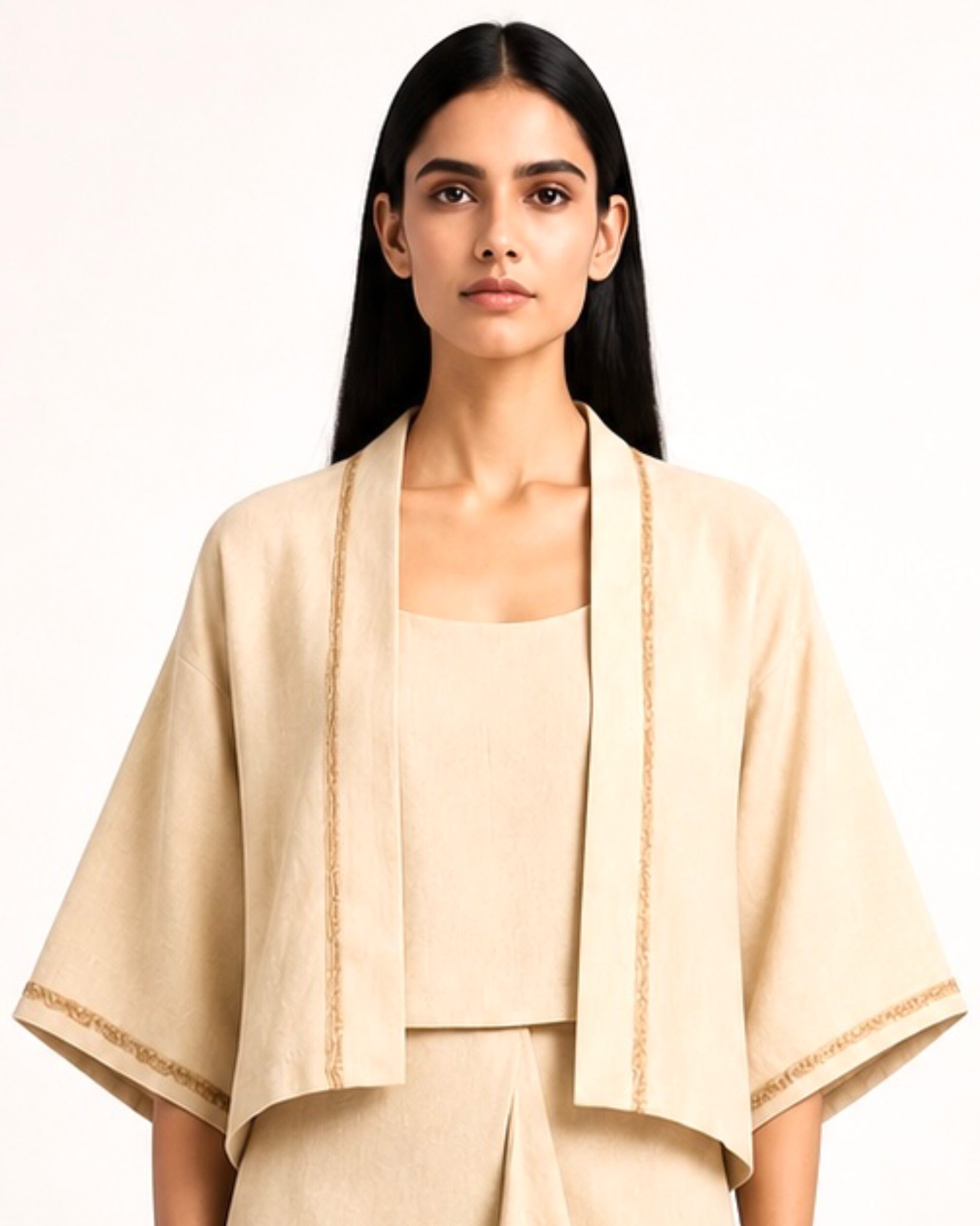 Draped Skirt Camisole Jacket Set Khadi -  Ivory / Gold