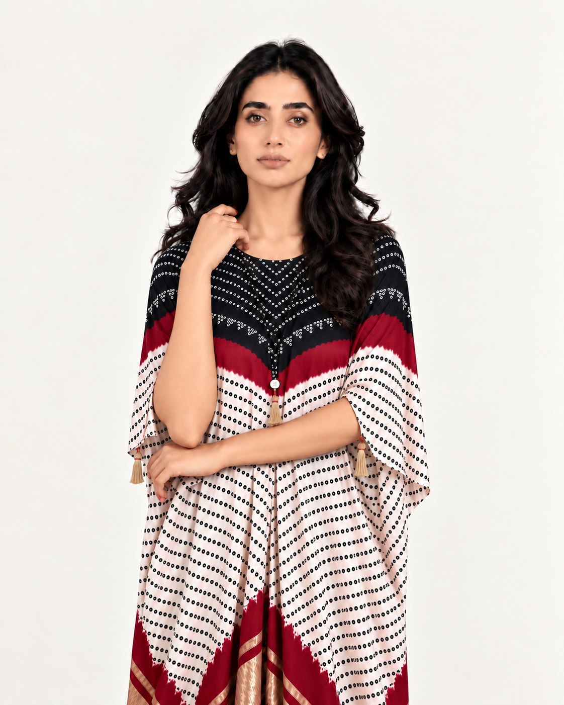 Kaftan Bandhej - Black / Burgundy / Ivory Base