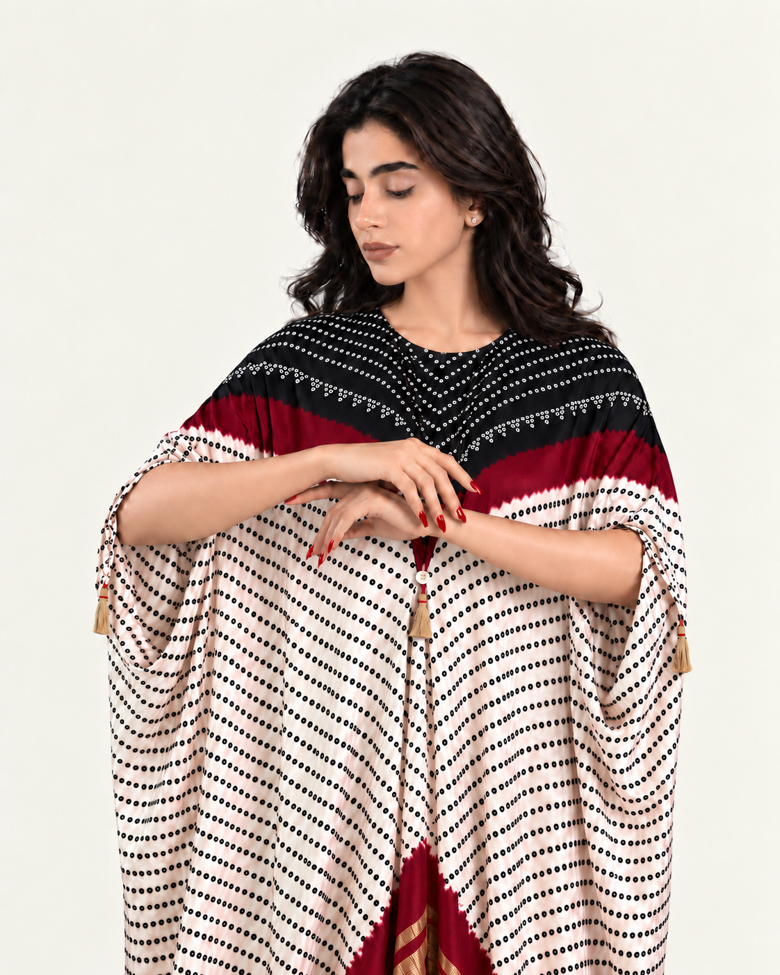Kaftan Bandhej - Black / Burgundy / Ivory Base