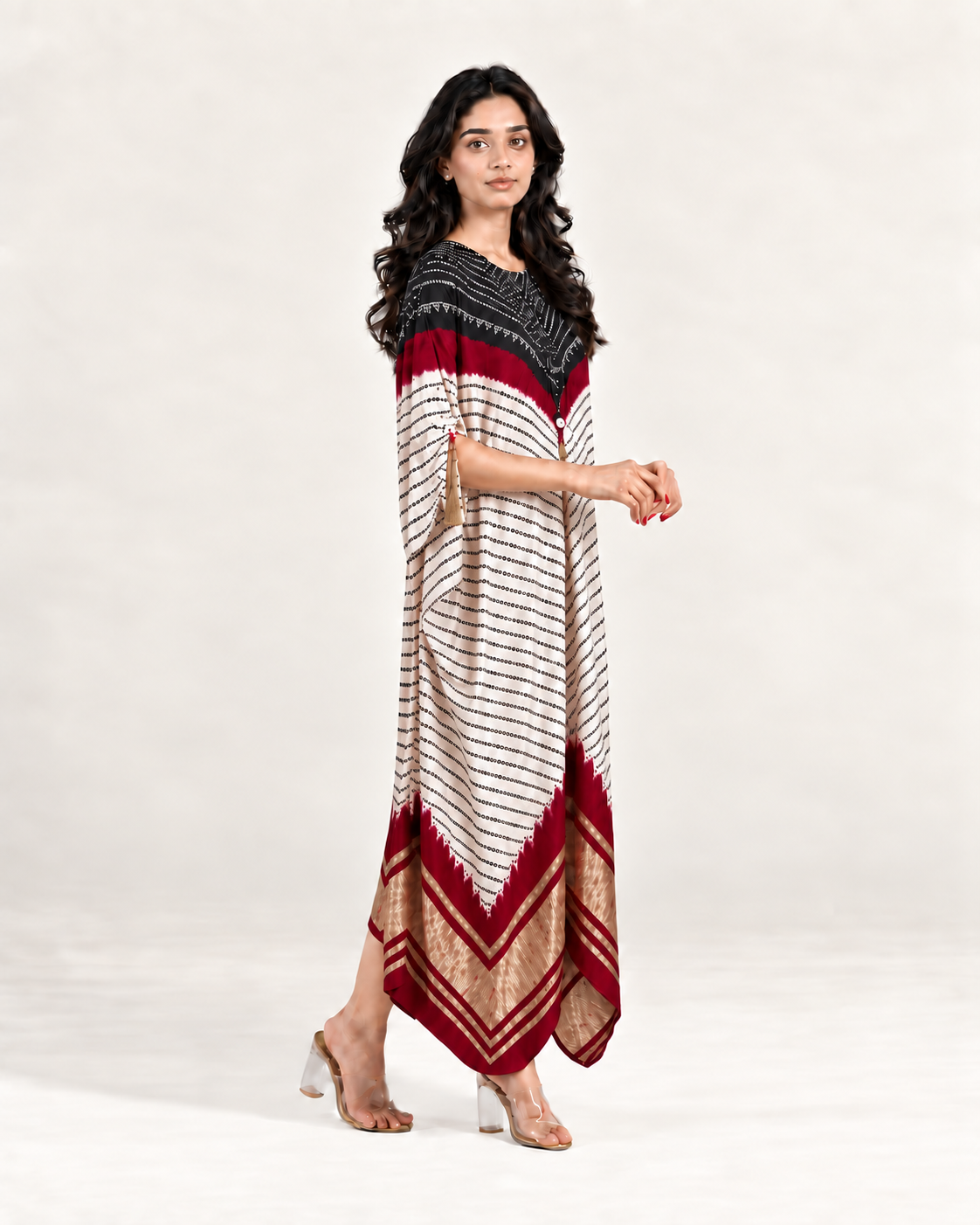 Kaftan Bandhej - Black / Burgundy / Ivory Base