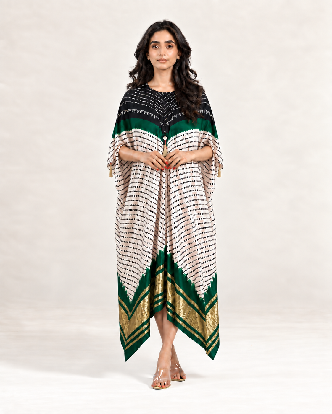 Kaftan Bandhej - Black / Dark Green / Ivory Base