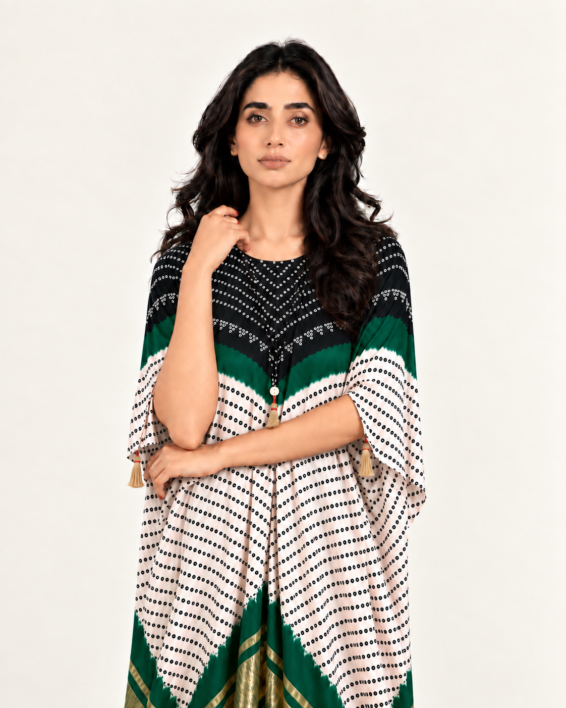 Kaftan Bandhej - Black / Dark Green / Ivory Base