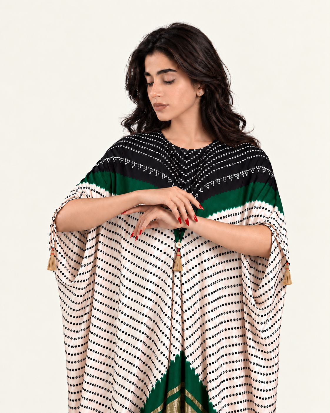 Kaftan Bandhej - Black / Dark Green / Ivory Base