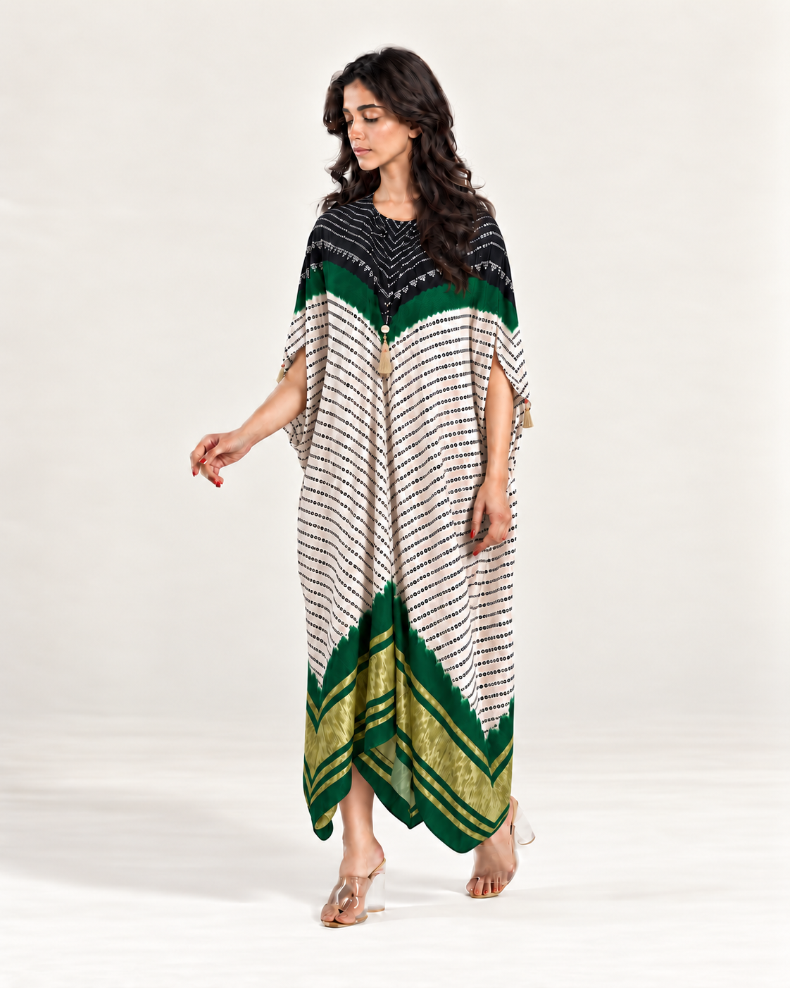Kaftan Bandhej - Black / Dark Green / Ivory Base