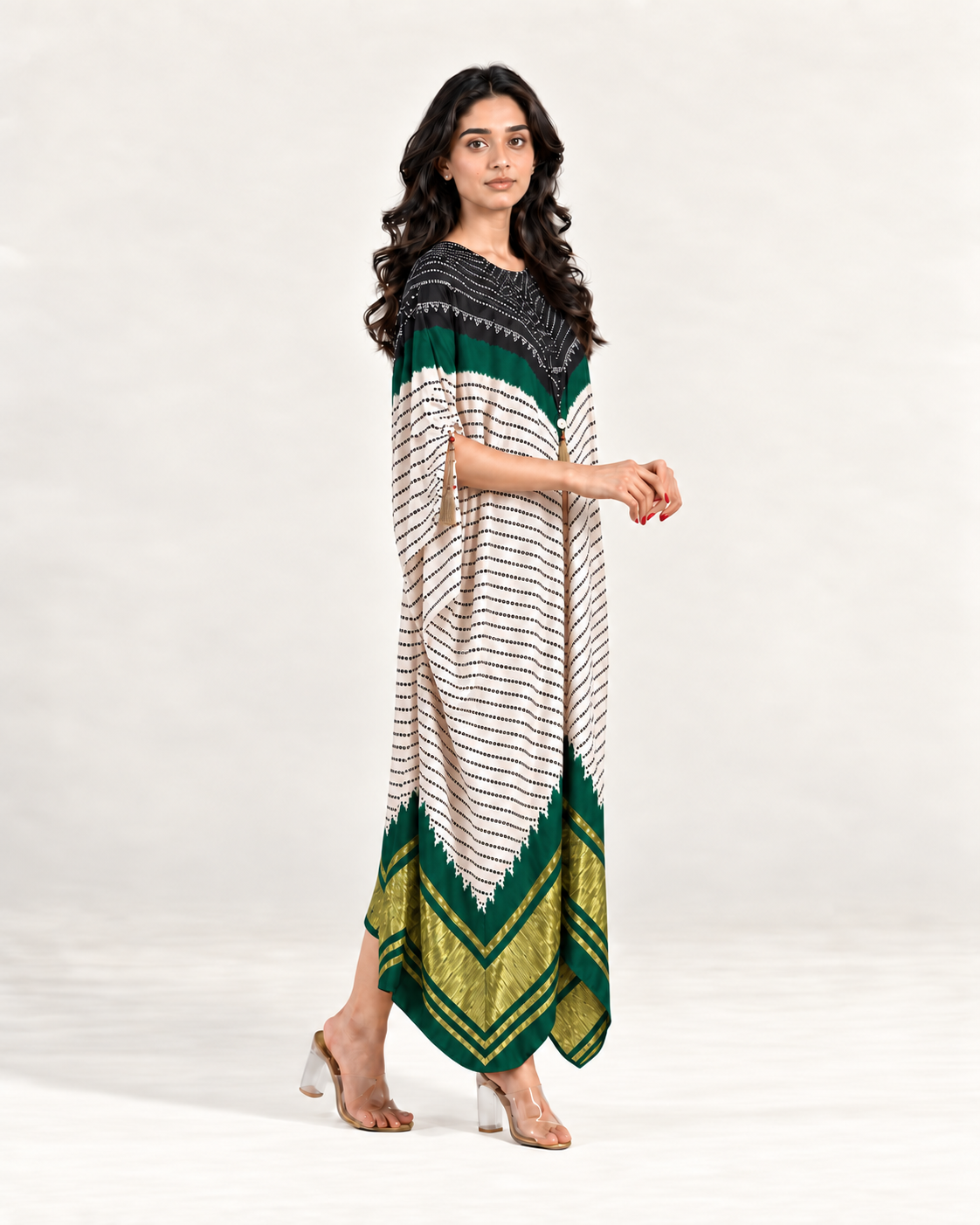 Kaftan Bandhej - Black / Dark Green / Ivory Base