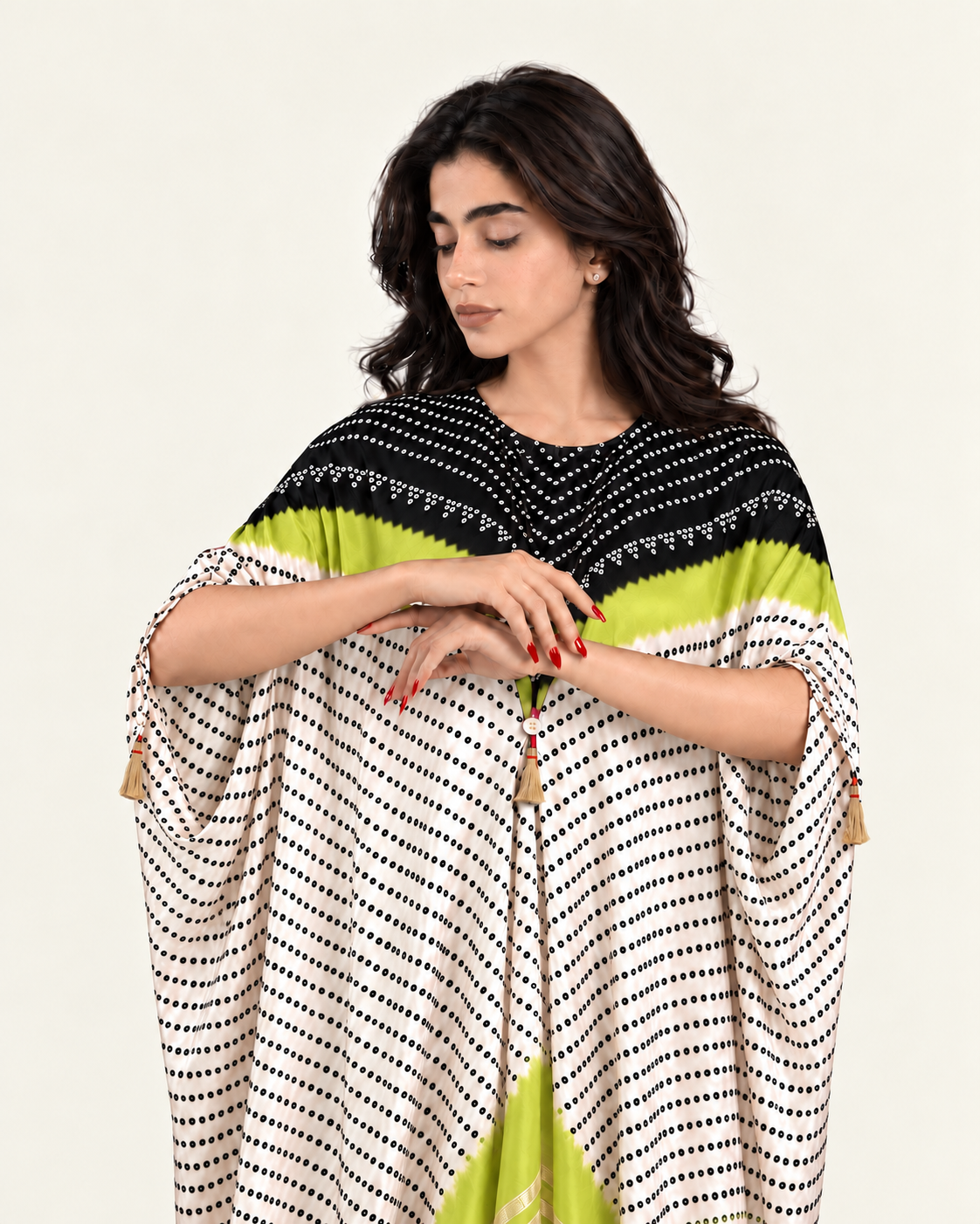 Kaftan Bandhej - Black / Lime Green / Ivory Base