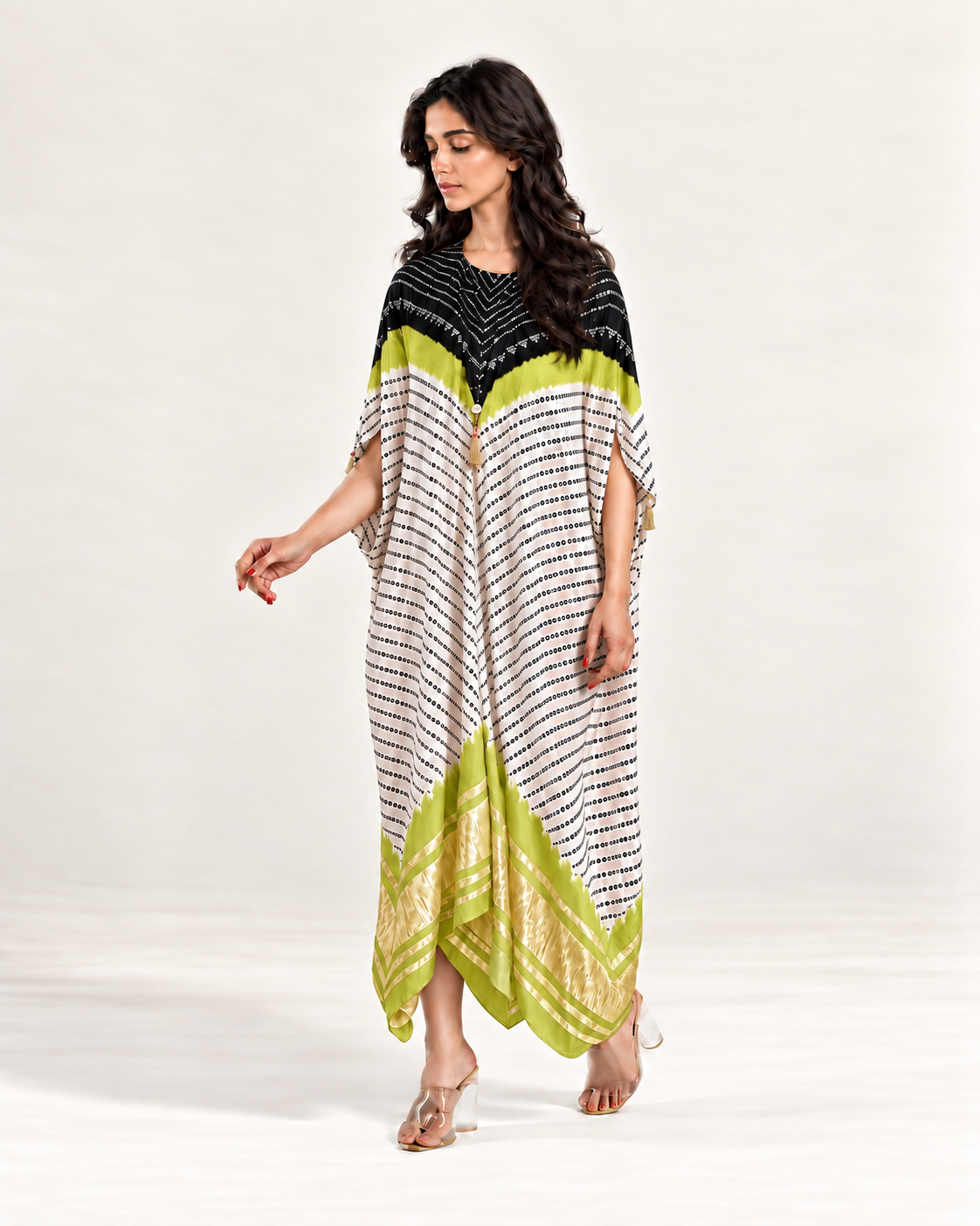 Kaftan Bandhej - Black / Lime Green / Ivory Base