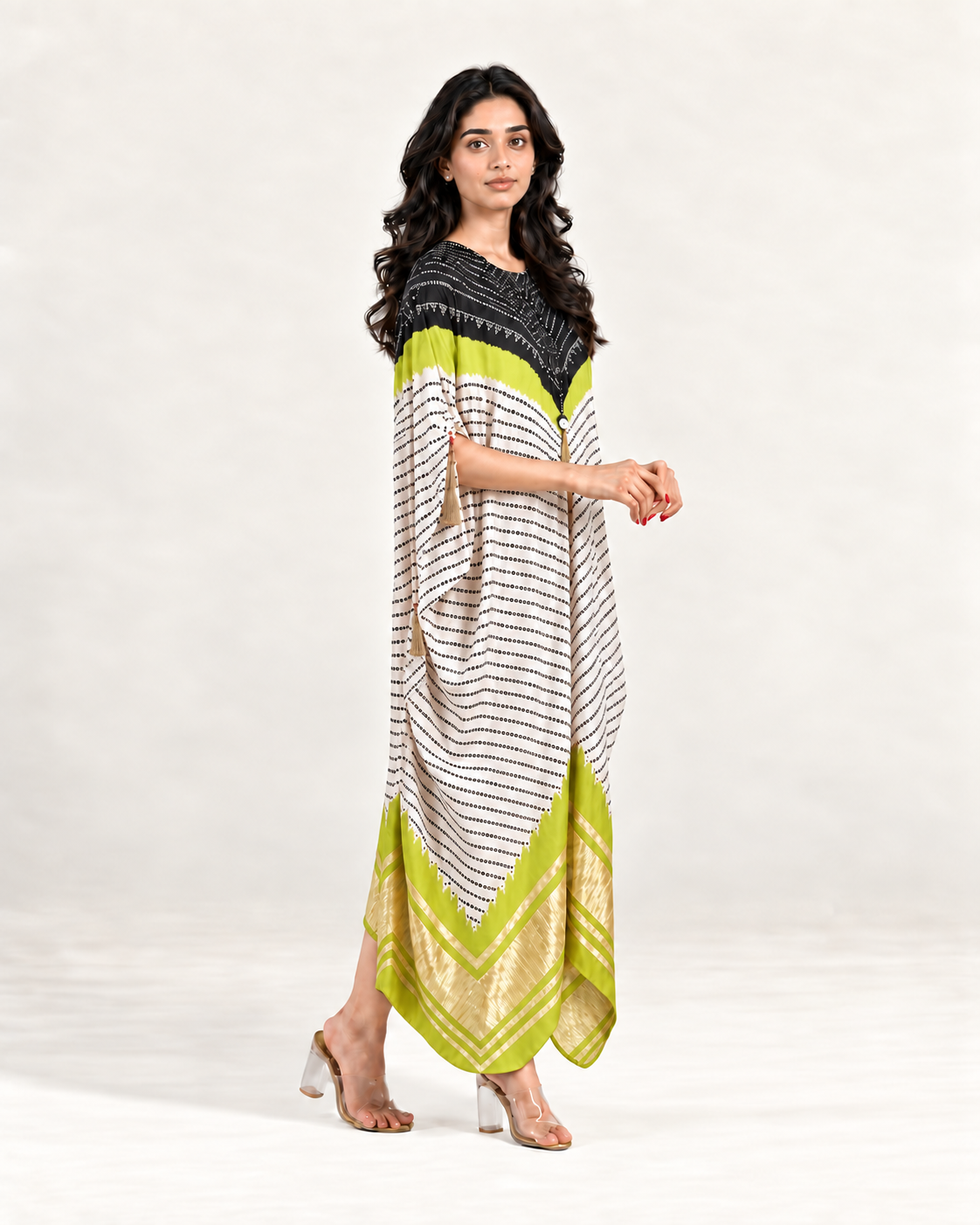 Kaftan Bandhej - Black / Lime Green / Ivory Base