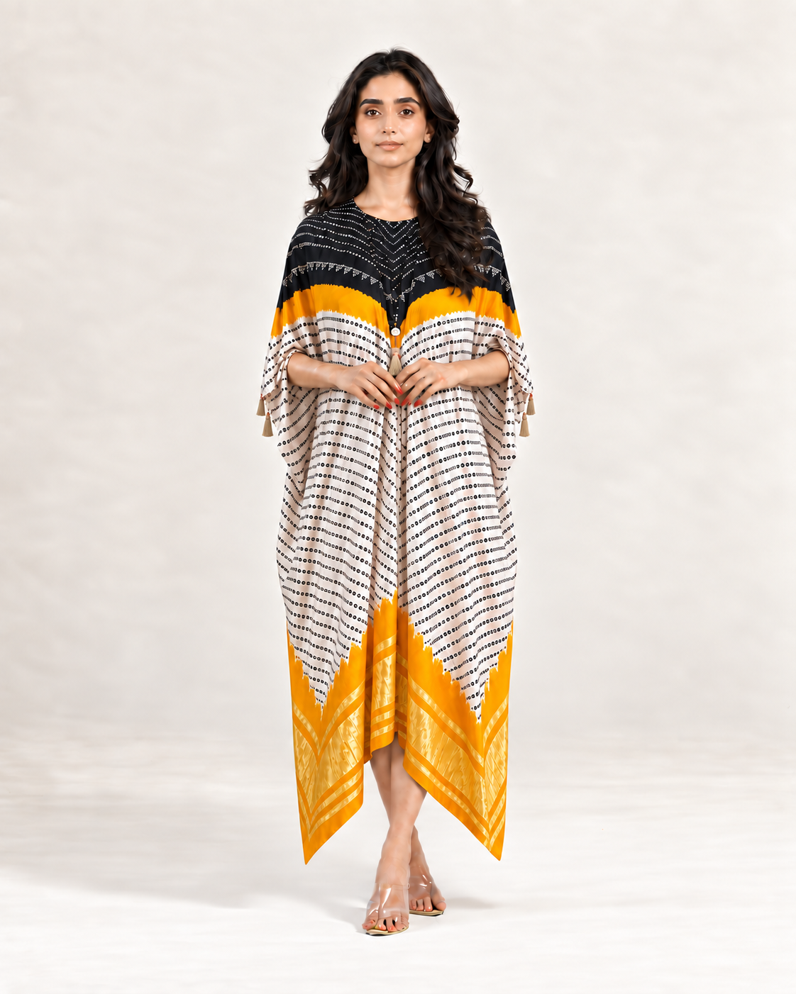 Kaftan Bandhej - Black / Mango / Ivory Base