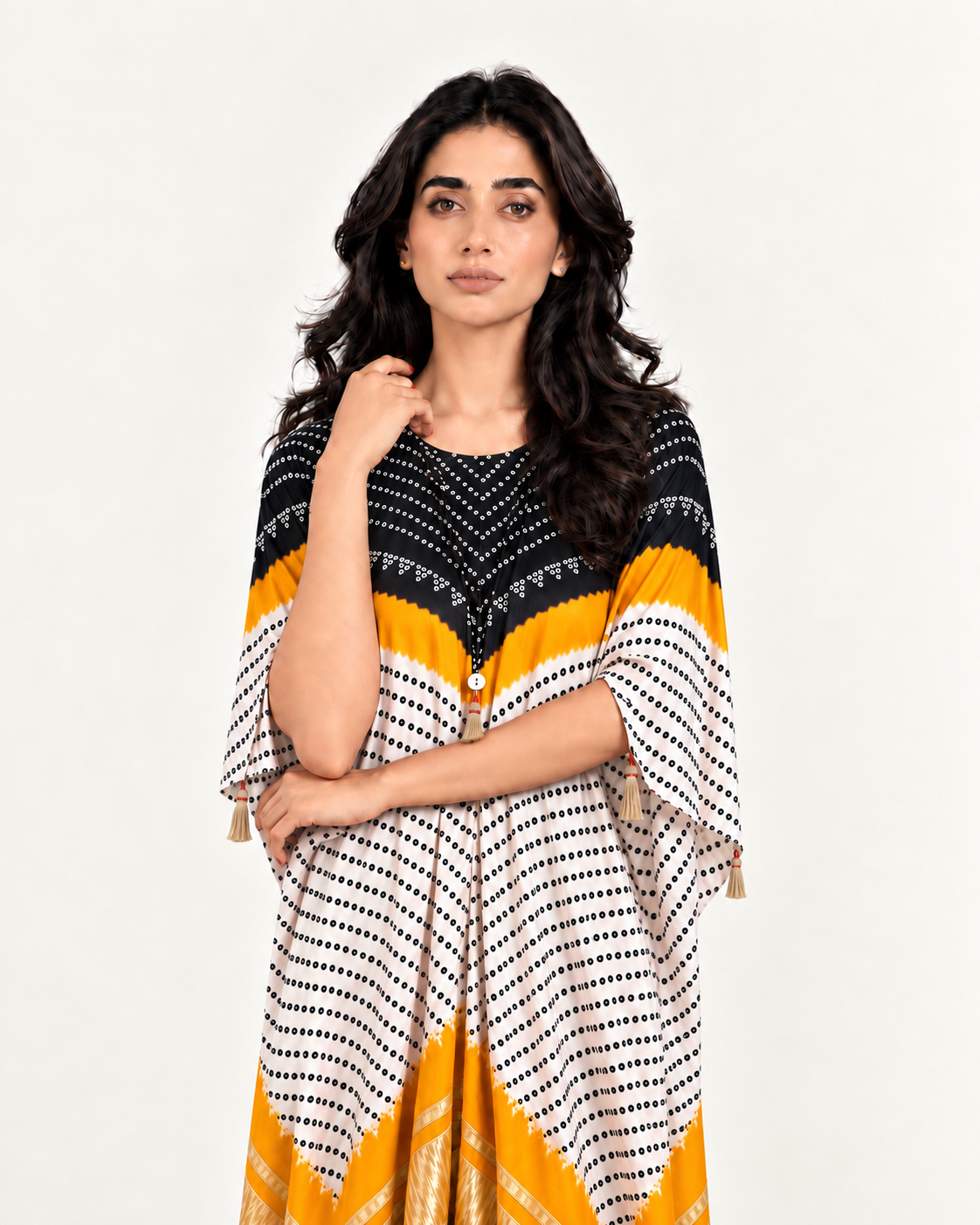 Kaftan Bandhej - Black / Mango / Ivory Base