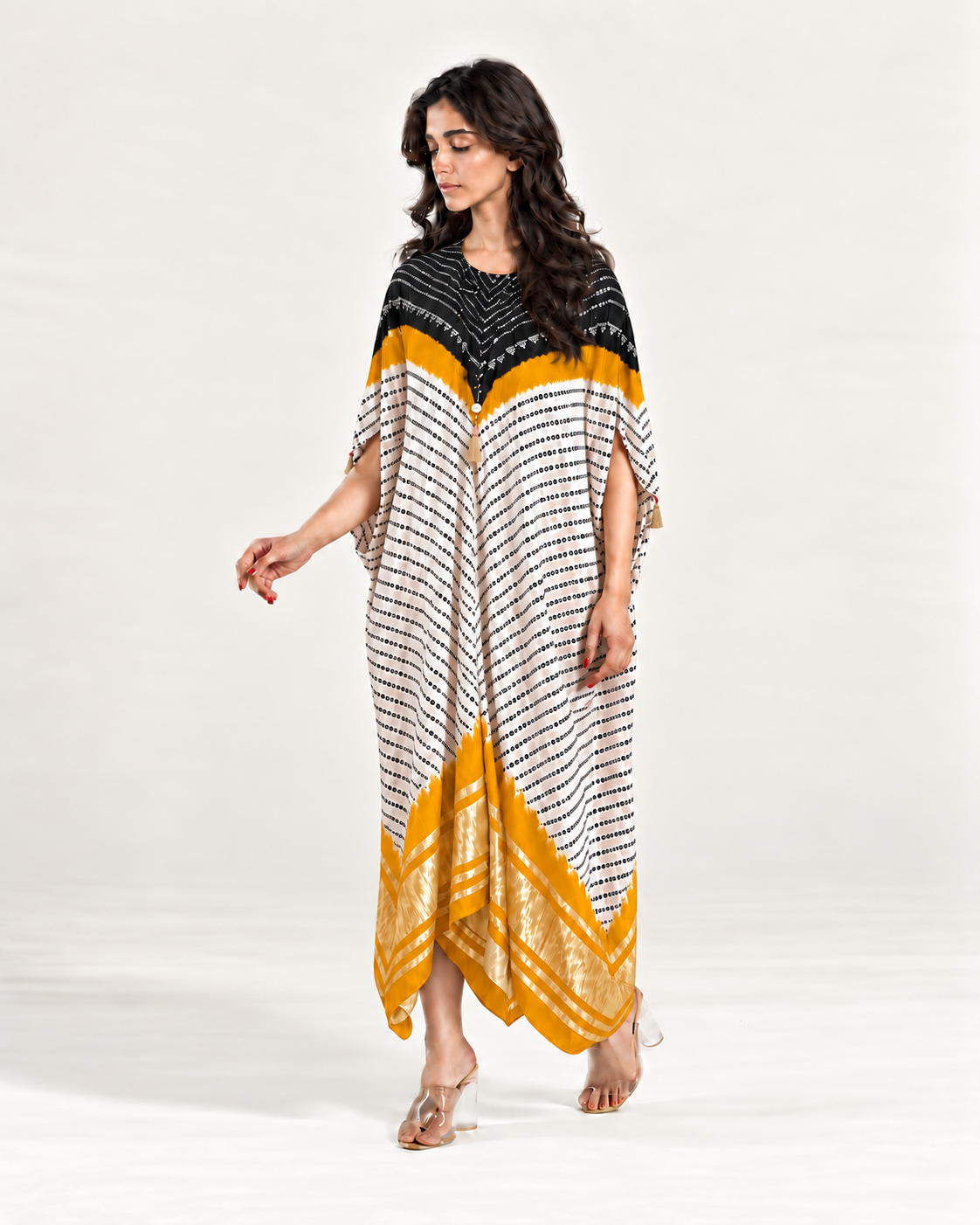 Kaftan Bandhej - Black / Mango / Ivory Base