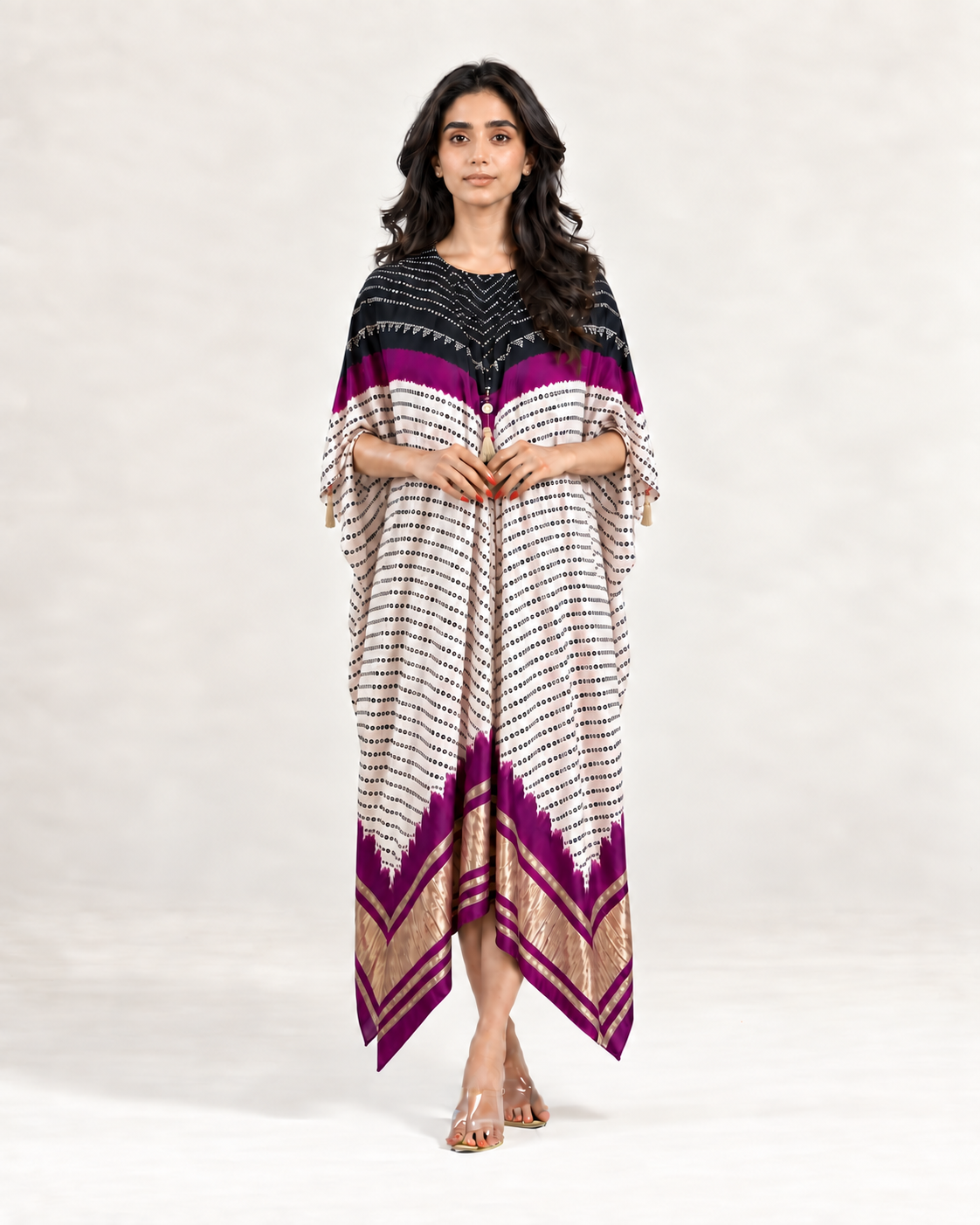 Kaftan Bandhej - Black / Purple / Ivory Base